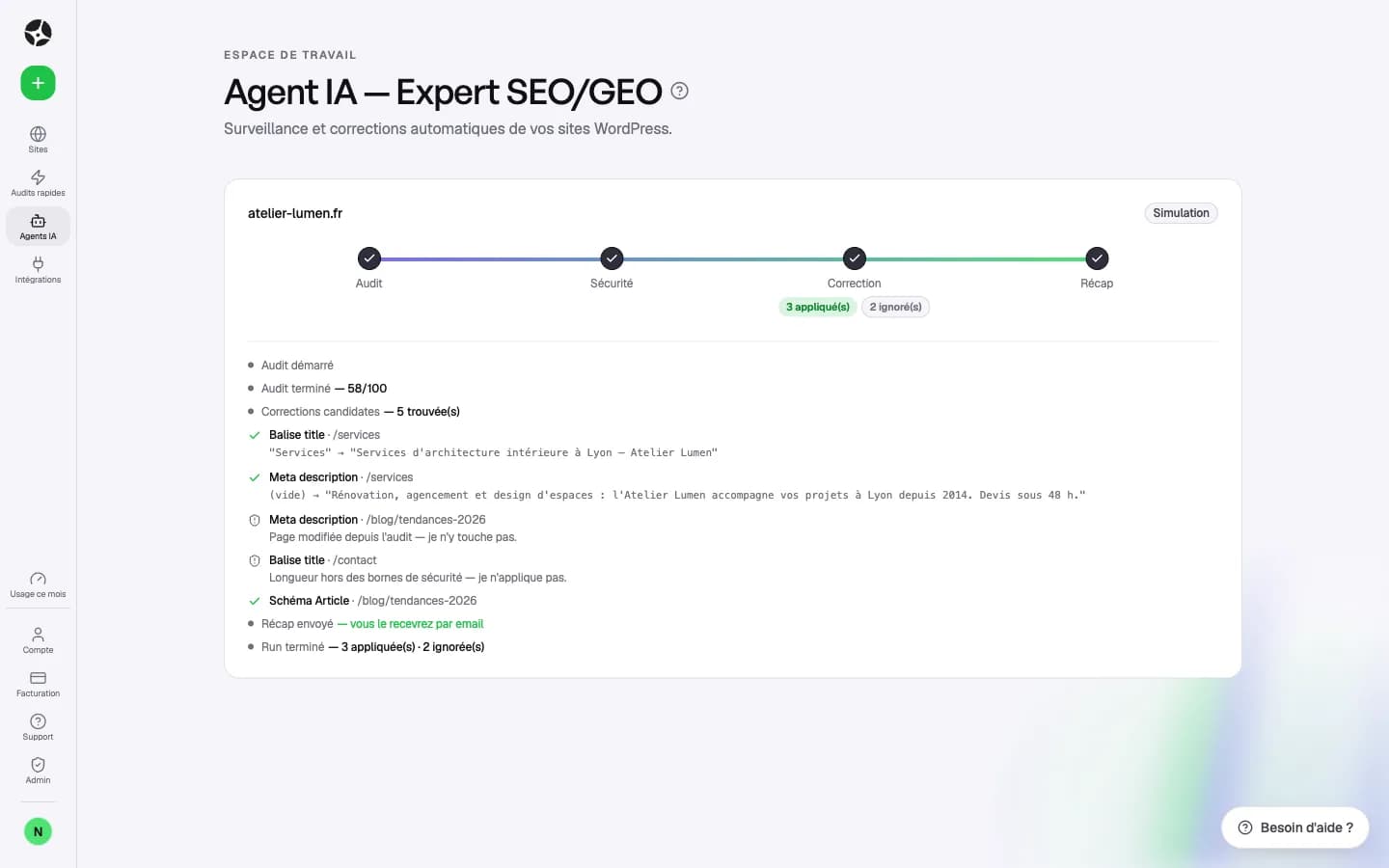 L'autopilot LightSpot en action : corrections appliquées, pages éditées par un humain sautées, récap détaillé