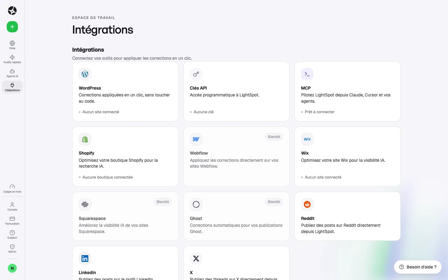 Catalogue d'intégrations LightSpot : WordPress, Shopify, Wix, clés API et serveur MCP