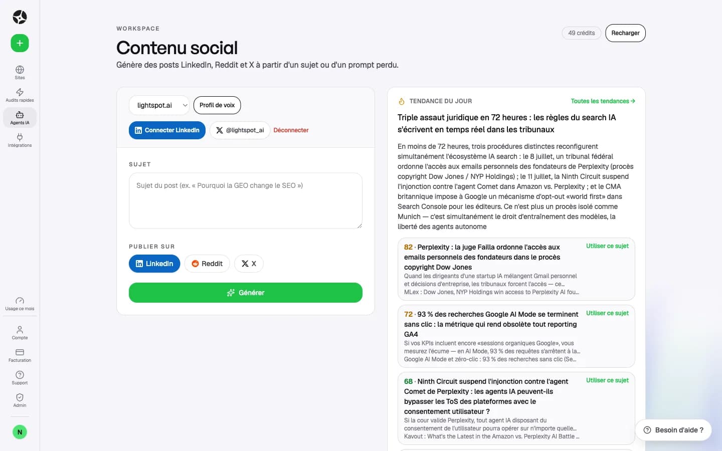 Studio social LightSpot : tendance du jour détectée et génération de posts LinkedIn, X et Reddit
